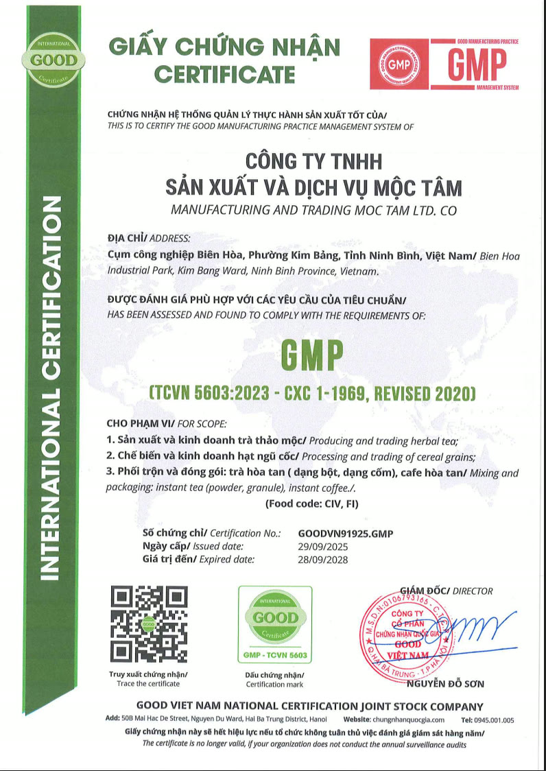 Giấy chứng nhận GMP - Công ty Mộc Tâm