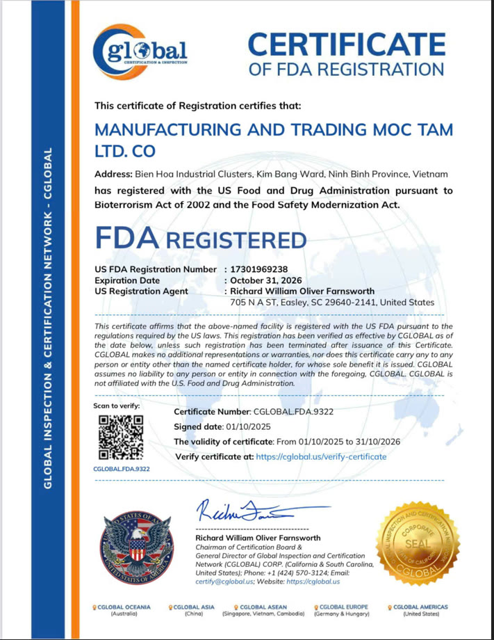 Chứng nhận đăng ký FDA Hoa Kỳ - Công ty Mộc Tâm