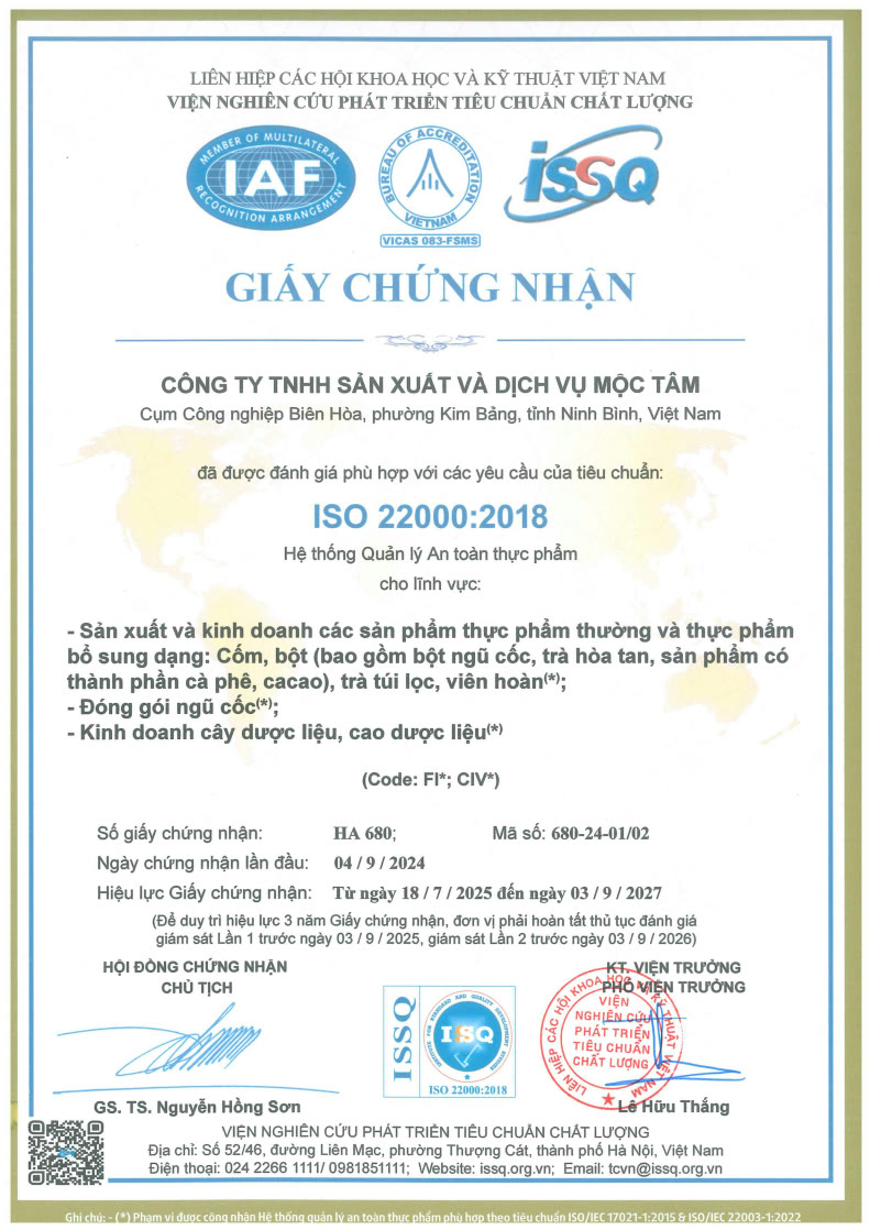 Giấy chứng nhận ISO 22000:2018 - Công ty Mộc Tâm