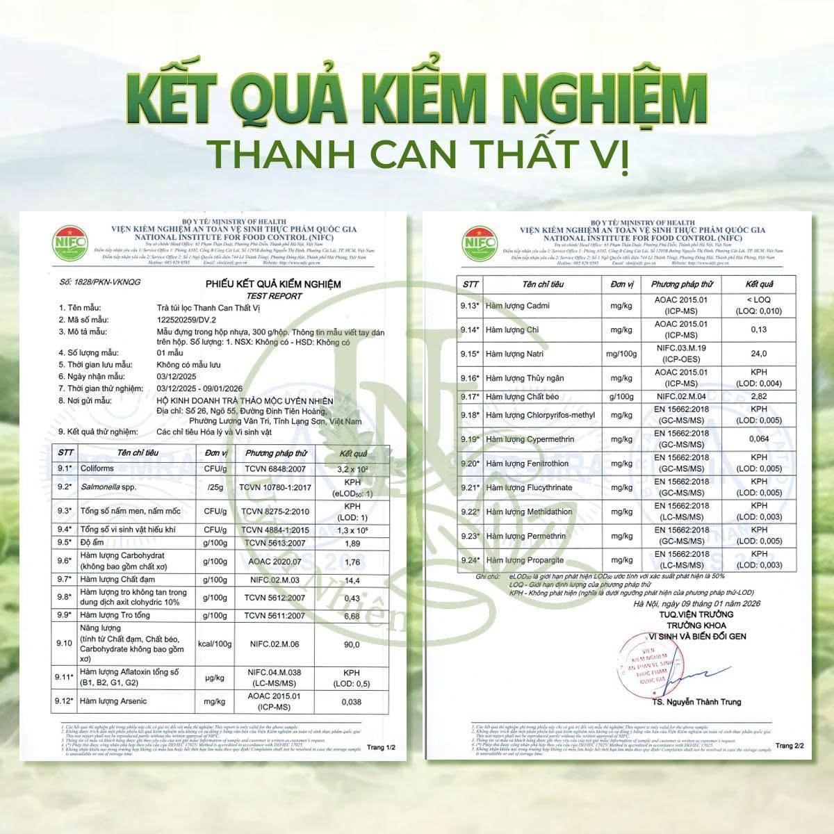 Kết quả kiểm nghiệm trà Thanh Can Thất Vị